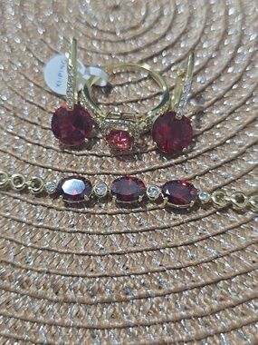 Gold Bracelet with Ring & Earrings Deep Red Gem Accents Set